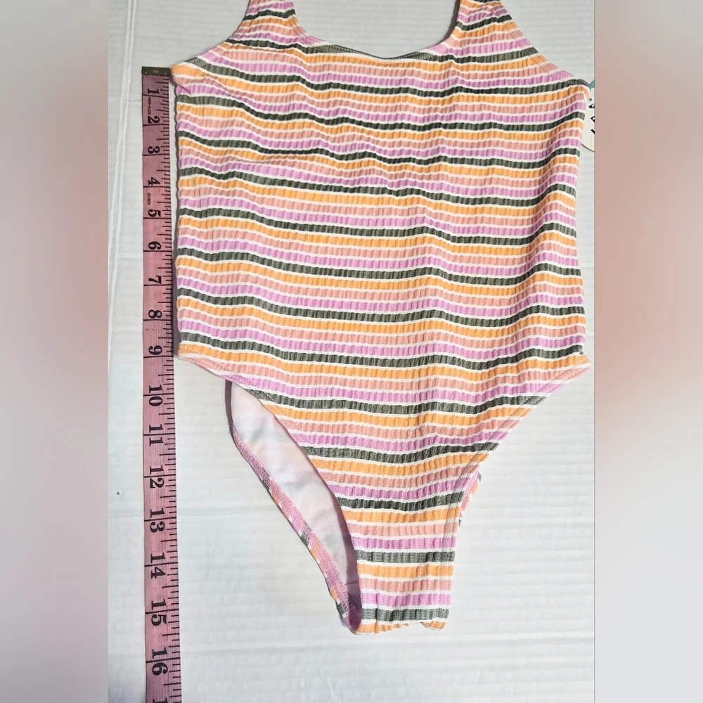 Roxy Girls One-Piece Swimsuit Size 12 Pastel Stripe Ribbed Low Back UPF 50+ NWT